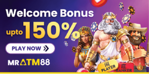 MrATM88 Welcome Bonus banner up to 150%, used to compare bonus terms with 100cuci for free credit.