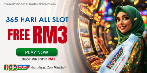 100cuci promotional banner offering FREE RM3 for 365 days on all slot games, with a minimum top-up of RM1.