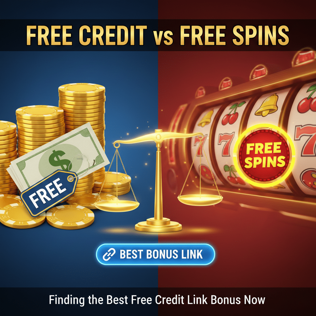 Featured image comparing Free Credit vs Free Spins to find the best free credit link bonus and free credit no deposit offers at MRATM88.