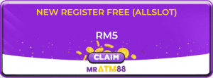 MrATM88 New Register Free RM5 All Slot bonus banner, used to compare free credit offers with 100cuci.