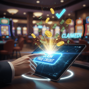Hand pressing a 'Claim Free Credit' button on a tablet, illustrating how to get the best free credit link and free credit no deposit bonuses from MRATM88.