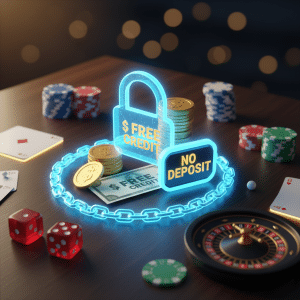 Graphic showing 'Free Credit No Deposit' bonus on a casino table, emphasizing the value of a free credit link from MRATM88.
