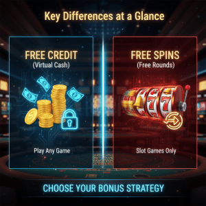 Key Differences at a Glance: Free Credit vs Free Spins, showing why Free Credit allows you to 'Play Any Game' and is the best free credit no deposit link from MRATM88.