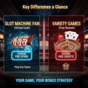Slot Machine Fan chooses Free Spins vs Variety Games chooses Free Credits, guiding users to the best free credit no deposit link and free credit strategy at MRATM88.