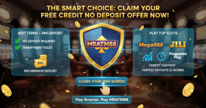 The Smart Choice: Claim your Free Credit No Deposit offer now! MRATM88 has the best RM1 minimum deposit terms, no deposit required, and top slots like Mega888 and JILI.