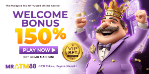 MRATM88 promotional banner displaying a "150% Welcome Bonus" and a "VIP Bet Accepted" gold badge, featuring a cheering king character, promoting Slot Free Credit No Deposit for JILI and MEGA888.