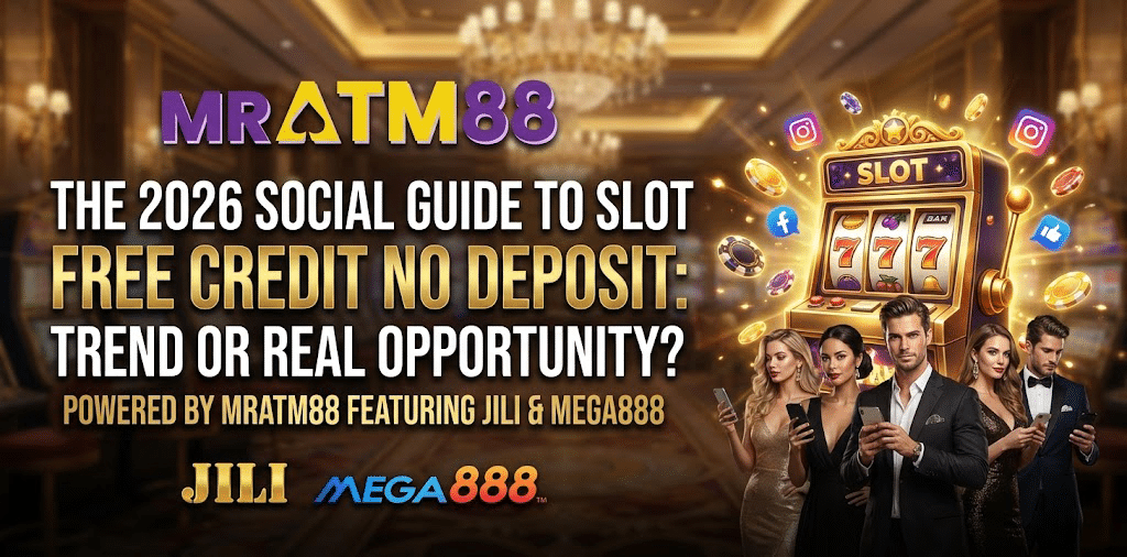 MRATM88 luxury banner for "The 2026 Social Guide to Slot Free Credit No Deposit," featuring social media icons around a slot machine and logos for JILI and MEGA888.