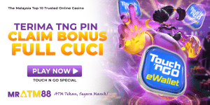 MRATM88 promotional banner featuring a purple genie character and Touch 'n Go eWallet logo, with text "Terima TNG PIN Claim Bonus Full Cuci" and "Play Now".