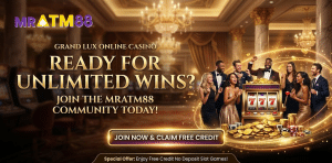 MRATM88 Grand Lux Online Casino banner inviting players to join the community for unlimited wins, featuring a special offer to enjoy free credit no deposit slot games with a group celebrating around a slot machine.