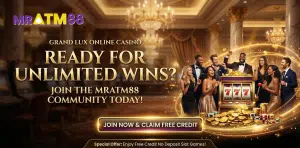 MRATM88 Grand Lux Online Casino banner inviting players to join the community for unlimited wins, featuring a special offer to enjoy free credit no deposit slot games with a group celebrating around a slot machine.